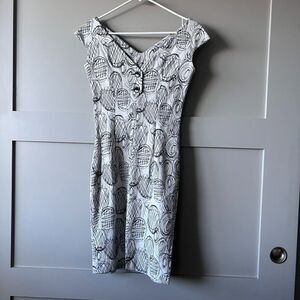 Pamela Milano Dress Women XS Geometric Beige Black Fit & Flare Made in Italy EUC